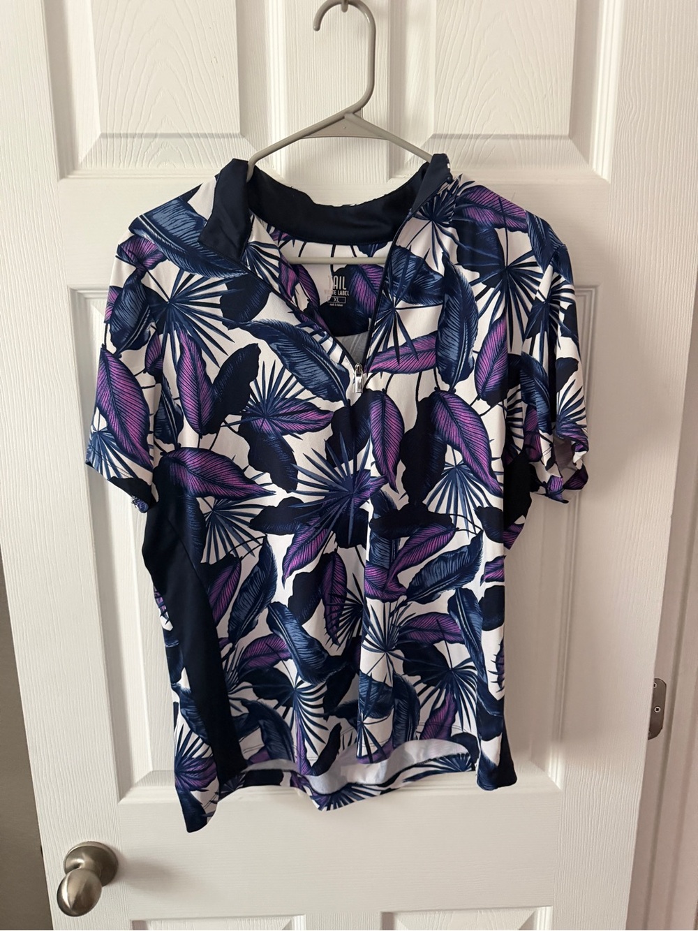 Tropical Leaf Print Short Sleeve Collared Top - Navy & Purple